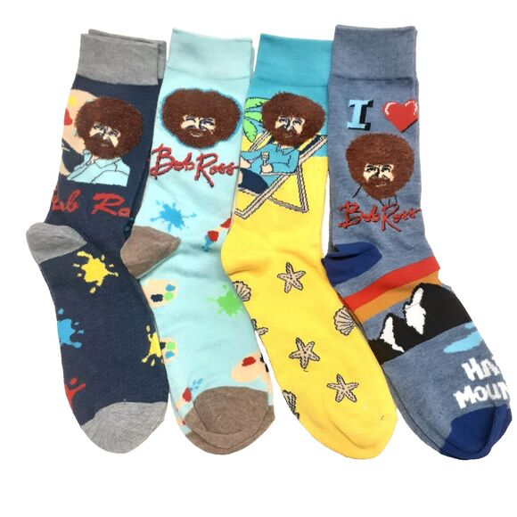Bob Ross The Joy Of Painting Mens 4 Pack Multicolor Crew Socks NWOT Size 6-12 - Picture 1 of 7